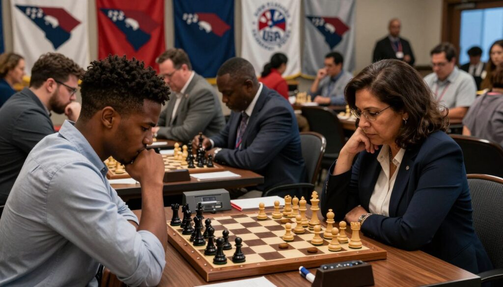 A tense and focused scene of a competitive chess tournament in South Carolina, showcasing an intense match between two players at elegantly crafted wooden chessboards. In the foreground, a young Black man in smart casual attire studies the board intently, his brow furrowed in concentration, while across from him, a middle-aged Hispanic woman dressed in professional business attire contemplates her next move. The middle ground features a diverse crowd of spectators, all fully engaged in the game, some taking notes. Behind them, flags representing South Carolina and the Chess Classes USA logo are prominently displayed. The atmosphere is charged with excitement, illuminated by overhead soft lighting that highlights the seriousness of the competition, creating deep shadows on the tables. Shot from a slightly elevated angle for added drama.