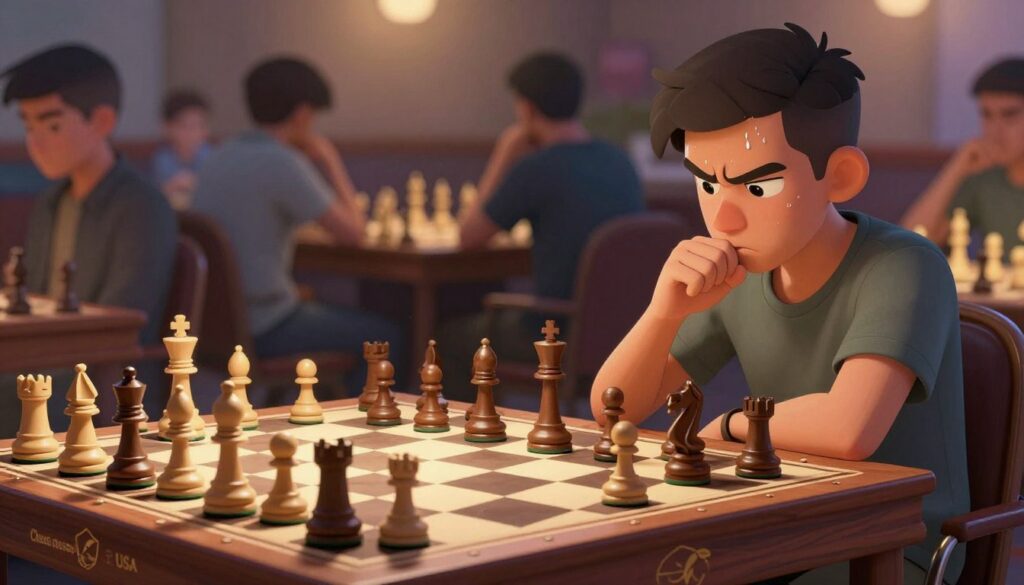 A tense chess player, mid-game, sits at a beautifully crafted chessboard with pieces meticulously arranged, showcasing a vivid scene of "Chess performance anxiety." In the foreground, the player, a young adult wearing modest casual clothing, has a furrowed brow, biting their lip in concentration. Sweat beads on their forehead reflect soft overhead lighting, casting dramatic shadows on the board. In the middle ground, the chess pieces are stylized—some toppling, some standing defiantly—symbolizing the pressure of the match. The background features an abstract representation of a crowded chess tournament, with blurred faces of competitors, emphasizing the overwhelming atmosphere. The overall mood is tense yet focused, capturing the psychological impact surrounding chess ratings. The logo "Chess Classes USA" subtly appears on the chessboard edge, hinting at the educational context.