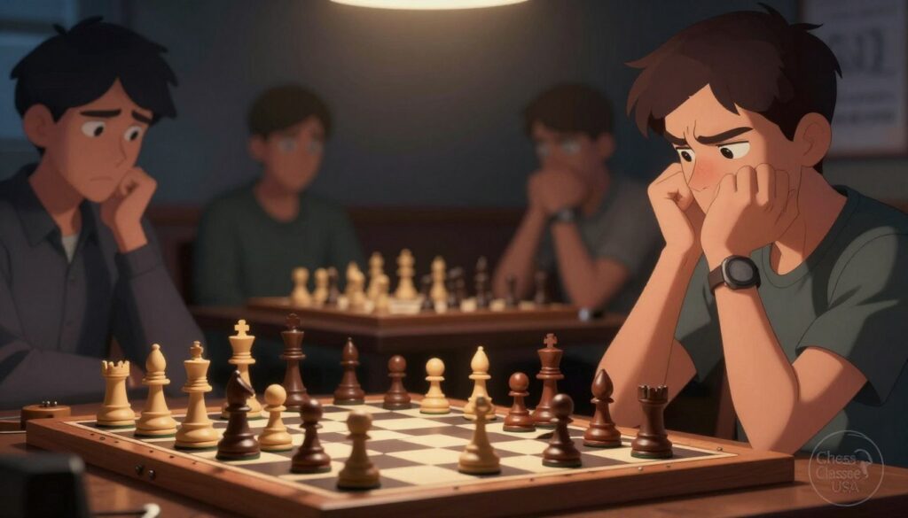 A tense chess player sits at a wooden chessboard, their expression a mix of anxiety and concentration. In the foreground, a close-up of their hands, clenched in frustration, hovers over the pieces, highlighting their stress. The middle ground showcases a half-completed game, with a precarious position that hints at the stakes involved. In the background, blurred silhouettes of other players watch intently, their faces revealing a range of emotions from focus to sympathy. Soft, dramatic lighting casts shadows, emphasizing the player's distraction and the weight of their thoughts. The atmosphere is thick with tension, embodying the psychological pressure faced during competitive play. In the corner, a discreet logo for "Chess Classes USA" is subtly integrated into the scene.