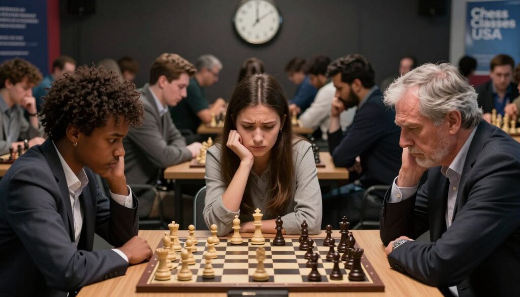 A tense chess tournament scene capturing "chess tournament anxiety". In the foreground, a diverse group of three anxious players, including a young woman and an older man, focused on their chess boards, dressed in smart casual clothing. Their expressions reflect intense concentration and subtle anxiety, with hands resting on tables and furrowed brows. In the middle ground, a clock ticks down the match time, amplifying the tension. The background features a crowded tournament hall filled with competitors immersed in their games, dimly lit with focused spotlights on the tables. The atmosphere is charged with anticipation, sweat, and determination. The branding "Chess Classes USA" subtly integrated in the decor. Use a shallow depth of field to emphasize the foreground players and create a sense of depth.