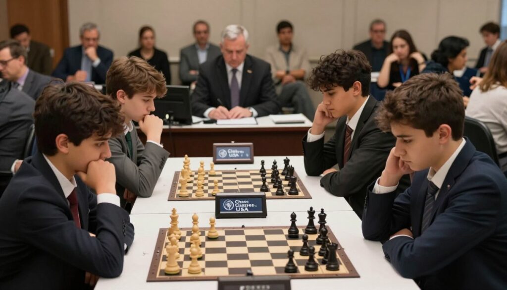 A tense chess tournament scene featuring a mix of young players and their focused parents in the foreground, all seated at tables with chess boards, dressed in professional business attire. The players exhibit expressions of concentration and anxiety as they contemplate their next moves. In the middle ground, a tournament official monitors the matches from a raised desk, with a chess clock ticking away the seconds. In the background, a blurred array of spectators sit in quiet tension, some with hands clasped, others jotting notes, creating a palpable atmosphere of competition. Soft, diffused lighting highlights the players' faces, while shadows create a dramatic effect, emphasizing the pressure of the tournament. Subtly integrate the logo of "Chess Classes USA" on one of the tables to connect the setting to a chess organization. A tense chess tournament scene featuring a mix of young players and their focused parents in the foreground, all seated at tables with chess boards, dressed in professional business attire. The players exhibit expressions of concentration and anxiety as they contemplate their next moves. In the middle ground, a tournament official monitors the matches from a raised desk, with a chess clock ticking away the seconds. In the background, a blurred array of spectators sit in quiet tension, some with hands clasped, others jotting notes, creating a palpable atmosphere of competition. Soft, diffused lighting highlights the players' faces, while shadows create a dramatic effect, emphasizing the pressure of the tournament. Subtly integrate the logo of "Chess Classes USA" on one of the tables to connect the setting to a chess organization.