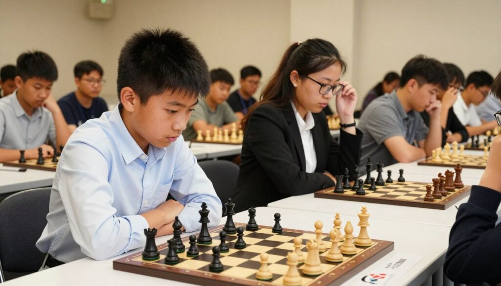 A tense chess tournament scene set in a well-lit indoor venue, showcasing a mix of young chess players, focused and concentrated. In the foreground, a boy in a neat button-up shirt and slacks leans slightly forward, staring intently at the chessboard, a hint of sweat on his brow, illustrating the pressure of competition. In the middle ground, a girl in a professional business attire adjusts her glasses, contemplating her next move, demonstrating the mental strain of the game. The background features spectators watching closely, their expressions ranging from anxious to eager. The room is filled with warm, overhead lighting emphasizing the seriousness of the event. The overall atmosphere conveys a blend of competitive spirit and emotional support, representing the challenges of navigating both tournament wins and losses. Include the logo of "Chess Classes USA" subtly on a nearby table.