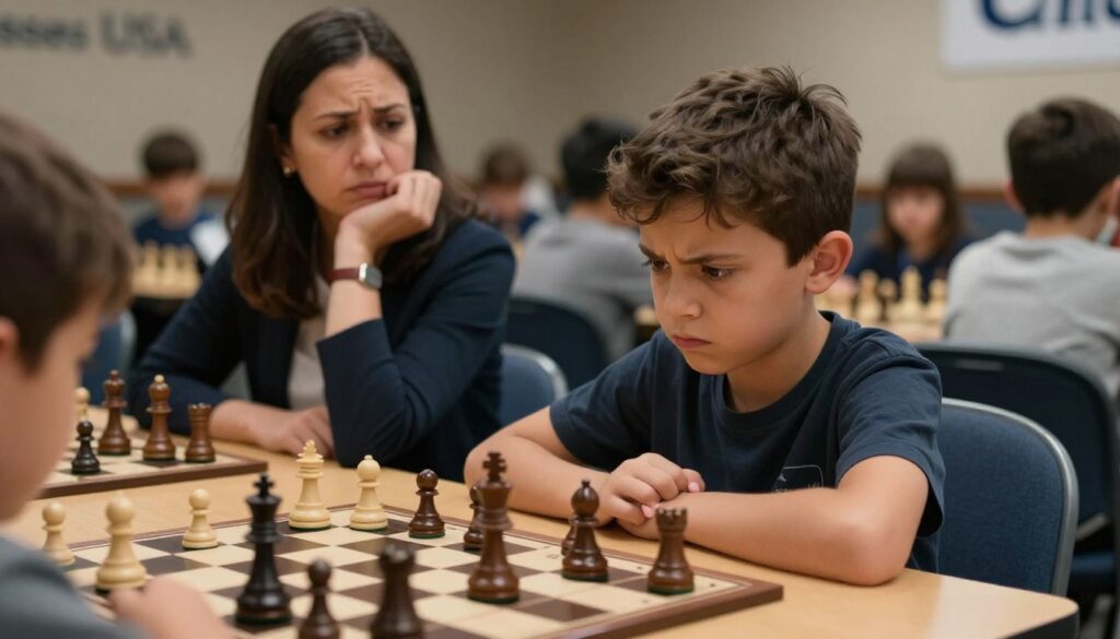 A tense scene at a kids’ chess tournament, focusing on a young player seated at a chessboard, their brow furrowed in concentration and anxiety. Their hands grip the edge of the table, fingers nervously tapping. In the foreground, a close-up of the chess pieces reveals their intricate details, symbolizing the high stakes of the match. The middle ground shows a parent observing intently, their expression a mix of worry and encouragement, dressed in smart-casual attire. In the background, a dimly lit room filled with rows of tables and other young competitors creates an atmosphere of pressure. Soft, dramatic lighting enhances the mood, casting shadows and highlighting the players’ focused expressions. The logo "Chess Classes USA" subtly blended into the corner of the image reinforces the tournament's theme.