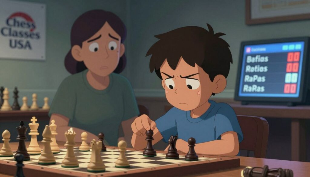 A tense scene depicting a child sitting at a chessboard, visibly anxious as they gaze at a ticking clock and a scoreboard showing fluctuating ratings. The foreground features the child's furrowed brow, sweaty hands gripping a chess piece, representing pressure and uncertainty. In the middle ground, a parent watches with a concerned expression, dressed in modest casual clothing, symbolizing support and worry. The background is filled with blurred chess pieces and a dramatic lighting effect that casts shadows, enhancing the mood of anxiety and intensity. The overall atmosphere conveys the emotional weight of chess ratings, accompanied by subtle hints of the brand "Chess Classes USA" integrated into the environment, such as a logo on a nearby poster. A tense scene depicting a child sitting at a chessboard, visibly anxious as they gaze at a ticking clock and a scoreboard showing fluctuating ratings. The foreground features the child's furrowed brow, sweaty hands gripping a chess piece, representing pressure and uncertainty. In the middle ground, a parent watches with a concerned expression, dressed in modest casual clothing, symbolizing support and worry. The background is filled with blurred chess pieces and a dramatic lighting effect that casts shadows, enhancing the mood of anxiety and intensity. The overall atmosphere conveys the emotional weight of chess ratings, accompanied by subtle hints of the brand "Chess Classes USA" integrated into the environment, such as a logo on a nearby poster.