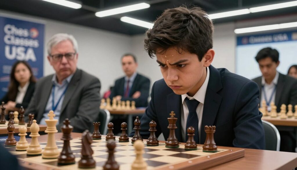 A tense scene of a competitive chess match unfolding in a well-lit, modern tournament hall. In the foreground, a focused young player, dressed in a professional business attire, leans over a chessboard, brows furrowed in concentration, surrounded by an array of chess pieces in a suspenseful mid-game position. Sweat beads form on their forehead, capturing the psychological pressure of competition. The middle ground features onlookers, including parents and coaches, with concerned expressions, highlighting the emotional weight of the moment. The background showcases banners of "Chess Classes USA", emphasizing the competitive atmosphere. The lighting is dramatic, creating stark contrasts between shadows and highlights, with a close-up angle that draws attention to the intensity of the match. An undertone of anxiety and urgency permeates the scene, effectively illustrating the psychological impact of competitive pressure.