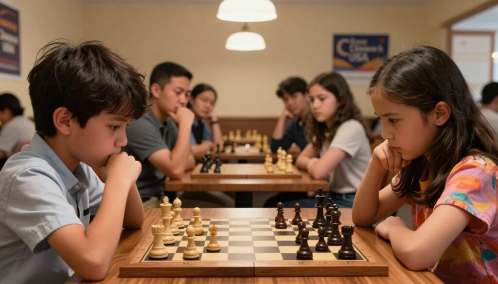 A tense scene of competitive chess between two young players, each focused and deep in thought at an ornate chessboard. In the foreground, a boy in a smart casual shirt bites his lip, showing his concentration, while a girl in a colorful blouse stares intently at the board, her brow furrowed in concentration. In the middle ground, a small crowd of observers watches quietly, some parents in modest attire, sharing curious glances. The background features a warm-lit room with soft overhead lights reflecting off the polished wooden tables, creating an inviting atmosphere. The mood captures a mixture of excitement and tension as emotions run high. Include subtle branding of "Chess Classes USA" on a nearby poster. Lenses should capture a close-up view to enhance the players’ expressions.