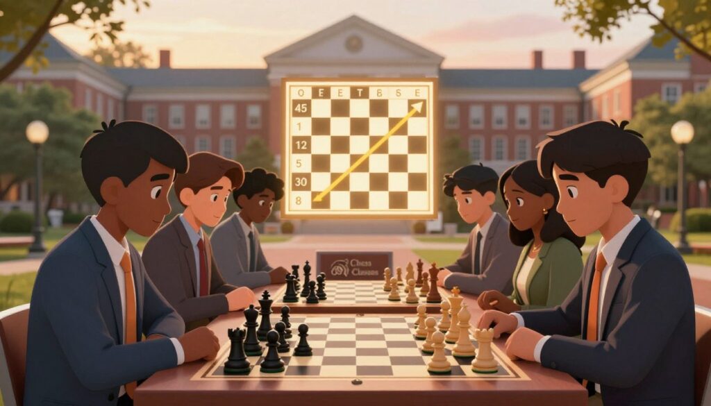 A thought-provoking image illustrating the intersection of chess skills and college admissions. In the foreground, a diverse group of students sitting at a large chess table, deeply focused on a chess match, dressed in professional business attire. The middle ground features scattered chess pieces, with a glowing chess rating chart hovering above, showing rising numbers. The background depicts a college campus setting with historic buildings and trees, softly lit by warm sunset light, creating a hopeful and inspiring atmosphere. The overall mood is one of determination and optimism, suggesting that chess can positively impact college admissions. Include a subtle reference to "Chess Classes USA" in the setting, perhaps as a stylish logo on a chess board or signage subtly integrated into the environment. A thought-provoking image illustrating the intersection of chess skills and college admissions. In the foreground, a diverse group of students sitting at a large chess table, deeply focused on a chess match, dressed in professional business attire. The middle ground features scattered chess pieces, with a glowing chess rating chart hovering above, showing rising numbers. The background depicts a college campus setting with historic buildings and trees, softly lit by warm sunset light, creating a hopeful and inspiring atmosphere. The overall mood is one of determination and optimism, suggesting that chess can positively impact college admissions. Include a subtle reference to "Chess Classes USA" in the setting, perhaps as a stylish logo on a chess board or signage subtly integrated into the environment.