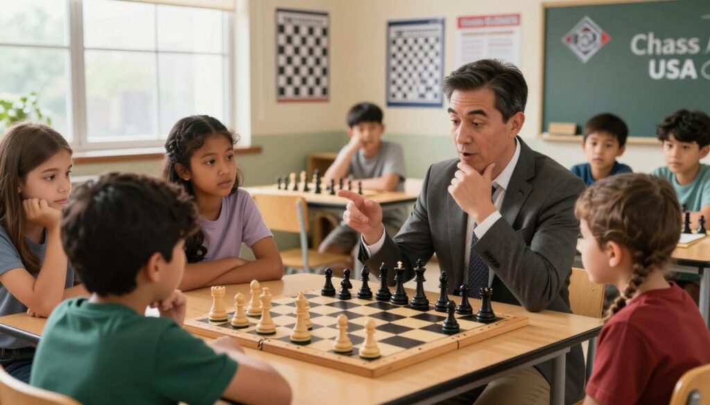 A thoughtful chess coach engaged in a strategic discussion with a diverse group of students around a chessboard, showcasing various chess pieces in action. The foreground features the coach, a middle-aged man in professional business attire, passionately explaining a complex position, while students of different ages and backgrounds listen intently, their expressions reflecting concentration and eagerness to learn. In the middle ground, a well-organized classroom with chess-themed posters and learning materials creates an atmosphere of growth and development. The background includes a large window allowing natural light to flood the room, casting soft shadows that enhance the scene's warmth. The overall mood is inspiring and focused, emphasizing the importance of long-term skill development through a US Chess membership, associated with the logo of "Chess Classes USA" subtly displayed on the wall.