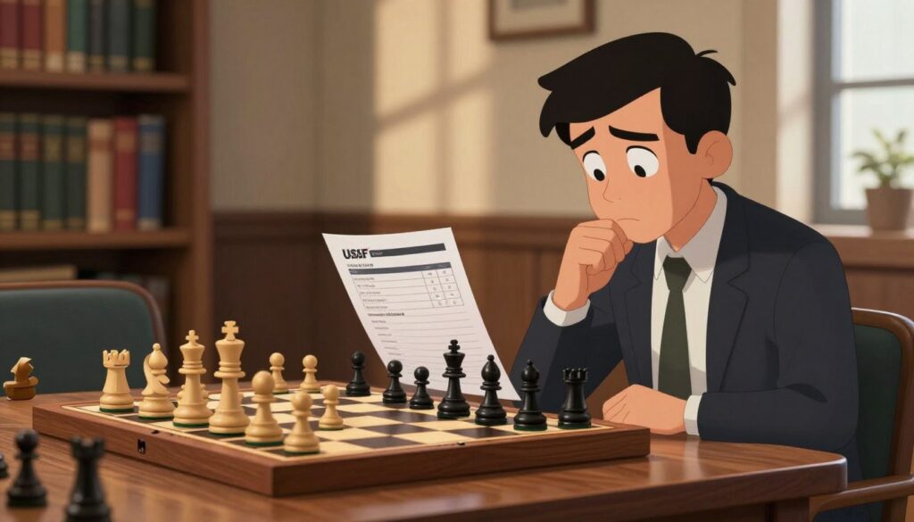 A thoughtful chess player, dressed in professional attire, sits at a wooden chess table focused on a chessboard filled with pieces in mid-game. In the foreground, the player examines a USCF rating report with a surprised expression, symbolizing common misconceptions about chess ratings. In the middle ground, the chessboard is prominently displayed, showcasing a mix of white and black pieces in strategic positions. The background features a soft-focus library filled with chess books, creating an intellectual atmosphere. Dappled, warm lighting filters through a nearby window, casting gentle shadows that enhance the contemplative mood. Include the logo of "Chess Classes USA" subtly on the table to reinforce the educational aspect. The overall tone is one of curiosity and enlightenment.