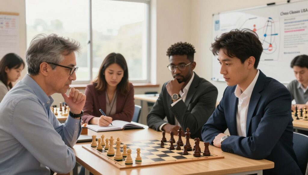 A thoughtful chess post-mortem analysis scene, depicting a diverse group of coaches and parents gathered around a chessboard. In the foreground, a middle-aged man wearing glasses in professional attire gestures animatedly as he explains various game strategies. Next to him, a focused mother takes notes, while a father dressed in smart casual watches intently. The chessboard is set with pieces in mid-game position, emphasizing key moves. In the middle-ground, a large window lets in soft, natural lighting, creating a warm atmosphere. In the background, a whiteboard filled with notations and diagrams related to the analysis stands. The overall mood is collaborative and educational, reflecting the essence of learning after a chess tournament. Branding subtly incorporated: "Chess Classes USA".