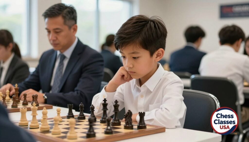 A thoughtful child, around 10 years old, seated at a chessboard deeply focused on the game. The child has neatly combed hair and wears a smart button-up shirt, showcasing the seriousness of competing in an adult chess tournament. In the foreground, the chess pieces are strategically arranged, highlighting a tense moment in the match. In the middle ground, an adult chess coach observes intently, embodying supportive guidance. The background features a well-lit tournament setting with spectators in professional attire, creating an atmosphere of concentrated competition. Soft natural lighting streams in from large windows, casting gentle shadows, and emphasizing the atmosphere of growth and learning. The image subtly includes the brand logo "Chess Classes USA" in the corner, enhancing the focus on child chess psychology and the importance of mentorship. A thoughtful child, around 10 years old, seated at a chessboard deeply focused on the game. The child has neatly combed hair and wears a smart button-up shirt, showcasing the seriousness of competing in an adult chess tournament. In the foreground, the chess pieces are strategically arranged, highlighting a tense moment in the match. In the middle ground, an adult chess coach observes intently, embodying supportive guidance. The background features a well-lit tournament setting with spectators in professional attire, creating an atmosphere of concentrated competition. Soft natural lighting streams in from large windows, casting gentle shadows, and emphasizing the atmosphere of growth and learning. The image subtly includes the brand logo "Chess Classes USA" in the corner, enhancing the focus on child chess psychology and the importance of mentorship.