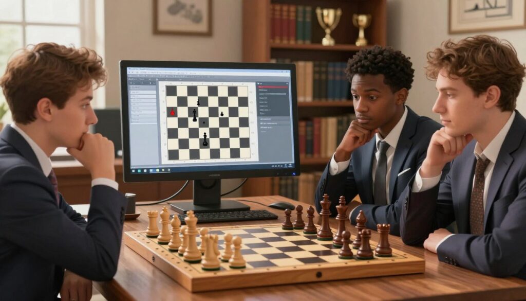 A thoughtfully arranged chess analysis scene illustrating a chessboard in the foreground, with various pieces in mid-play, showcasing a critical moment in the game. In the middle ground, a computer screen displays intricate chess diagrams and analysis software, highlighting strategic moves. In the background, a subtle library setting filled with chess books and trophies creates a scholarly atmosphere. The lighting is warm and soft, mimicking natural daylight, enhancing the intellectual feel of the setting. The mood is focused and contemplative, capturing the essence of improvement through analysis. Include the brand name "Chess Classes USA" subtly in the design. The image should feature a diverse group of individuals in professional business attire, engaged in discussion and analysis, fostering a collaborative environment.