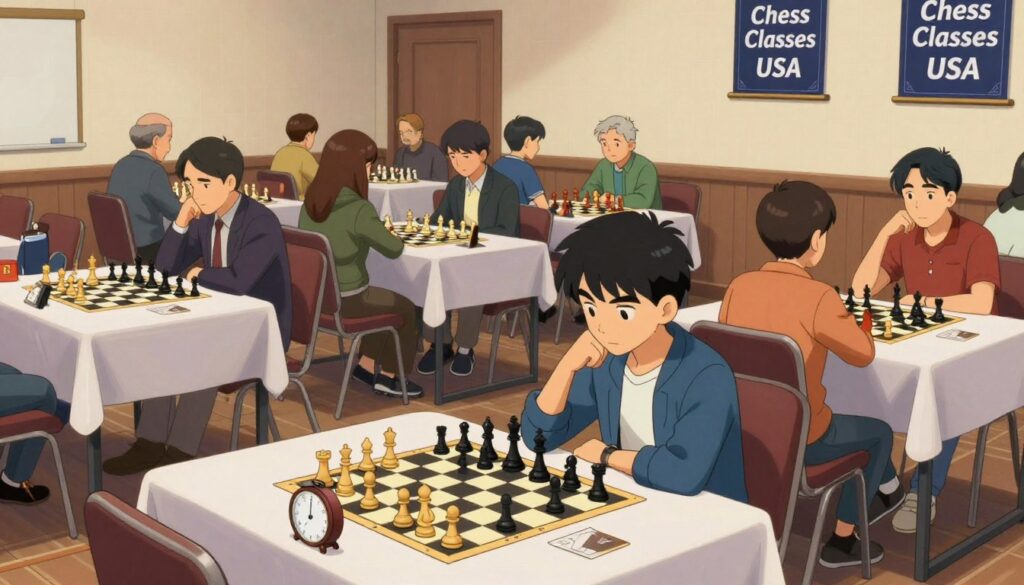 A thoughtfully organized chess tournament scene depicting various rating sections. In the foreground, a focused player in a smart casual outfit studies a chessboard intently, while a clock ticks beside them. The middle ground features several tables with players of different ages and backgrounds engaging in intense matches, reflecting a diverse range of skill levels. In the background, banners with "Chess Classes USA" hang, highlighting a tournament atmosphere. Soft, warm lighting casts a welcoming glow over the room, enhancing the competitive yet friendly vibe. The overall mood should convey excitement and concentration, capturing the importance of making informed choices in a tournament setting. The image should be engaging and visually clear without any text or distractions.