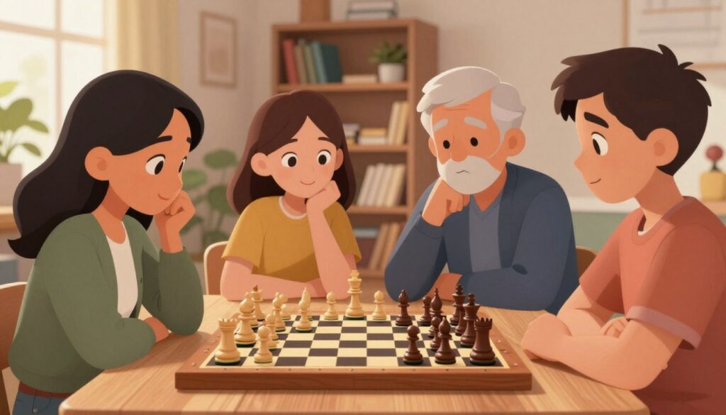 A tranquil chess scene set in a well-lit, cozy room, ideal for beginners to learn the game. In the foreground, a wooden chessboard is meticulously arranged with pieces in their starting positions, giving a sense of clarity and focus. In the middle ground, a diverse group of individuals in smart casual attire, including a young woman and an older man, are engaged in discussion, looking at the board with expressions of concentration and curiosity. The background features warm, soft lighting with a bookshelf filled with chess books and a potted plant, enhancing the inviting atmosphere. The overall mood is one of encouragement and camaraderie, reflecting the confidence-building aspect of Chess Classes USA.