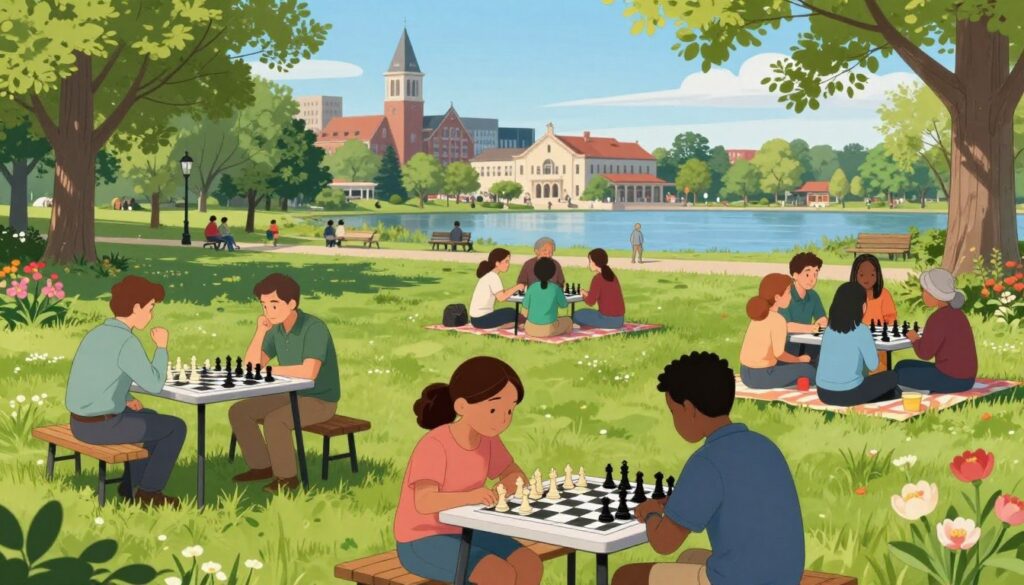 A tranquil park scene in Wisconsin, focusing on a vibrant outdoor chess tournament. In the foreground, a group of diverse players, including adults and youth, are engaged in intense matches around elegant chess tables, all wearing moderate casual clothing. The middle ground features people observing the games, with small groups discussing strategies, seated on picnic blankets against a backdrop of lush trees and blooming flowers. The background presents a picturesque view of Wisconsin's iconic architecture, with a hint of a lake reflecting the clear blue sky. Soft, natural lighting bathes the scene, creating an inviting atmosphere. Include the Chess Classes USA logo subtly in the corner, ensuring it appears integrated and unobtrusive. The overall mood is one of camaraderie, strategic thinking, and friendly competition.