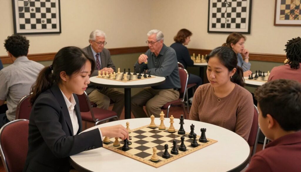 A vibrant Milwaukee chess club scene, showcasing diverse players engaged in intense games. In the foreground, a young woman in professional attire deeply focused on her chessboard, her hand poised over a piece. The middle ground features a round table with a mix of players, including an elderly gentleman and a middle-aged woman, both in casual yet respectful clothing, absorbed in their matches. The background reveals the walls adorned with chess-themed artwork, illuminated by warm, ambient lighting that creates a welcoming atmosphere. Soft shadows play around the room, emphasizing camaraderie and strategic thinking. This scene captures the essence of community chess play in Milwaukee, highlighting the spirit of Chess Classes USA. The perspective is slightly elevated, giving a clear view of the action and connection among players.