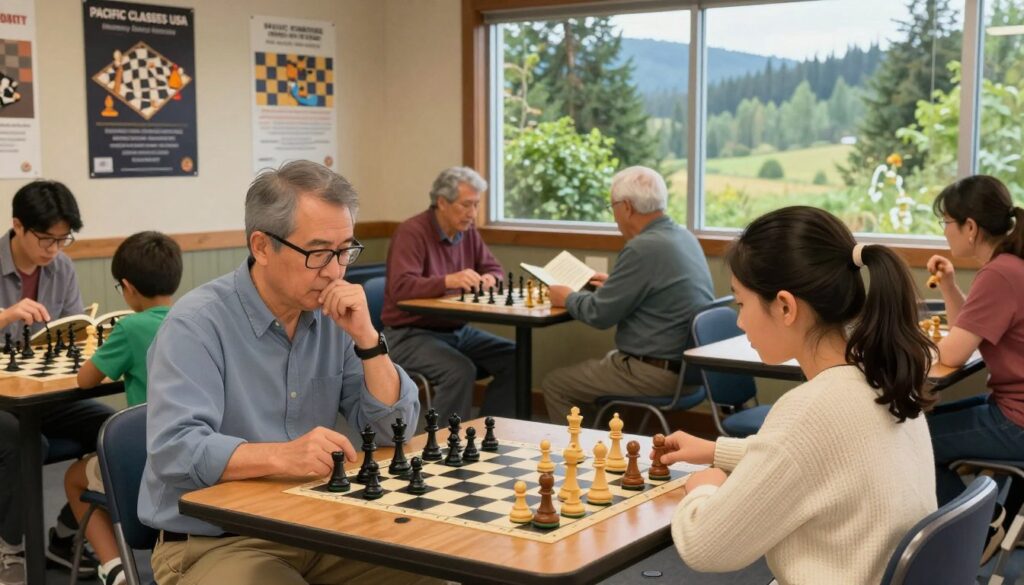 A vibrant Oregon chess community scene in a local club setting, featuring diverse players engaged in intense matches around wooden chess tables. In the foreground, a middle-aged man in a button-up shirt and glasses ponders his next move, while a young woman with a ponytail and casual sweater watches intently, analyzing the board. The middle ground shows additional players, including a child studying a chess book, and an elderly couple discussing strategies. The background includes posters of Pacific Northwest chess events and a large window showcasing lush Oregon greenery outside, with soft, natural lighting illuminating the room, giving it an inviting atmosphere. The overall mood should be one of camaraderie and enthusiasm for the game. Include the logo of "Chess Classes USA" subtly integrated into the scene.