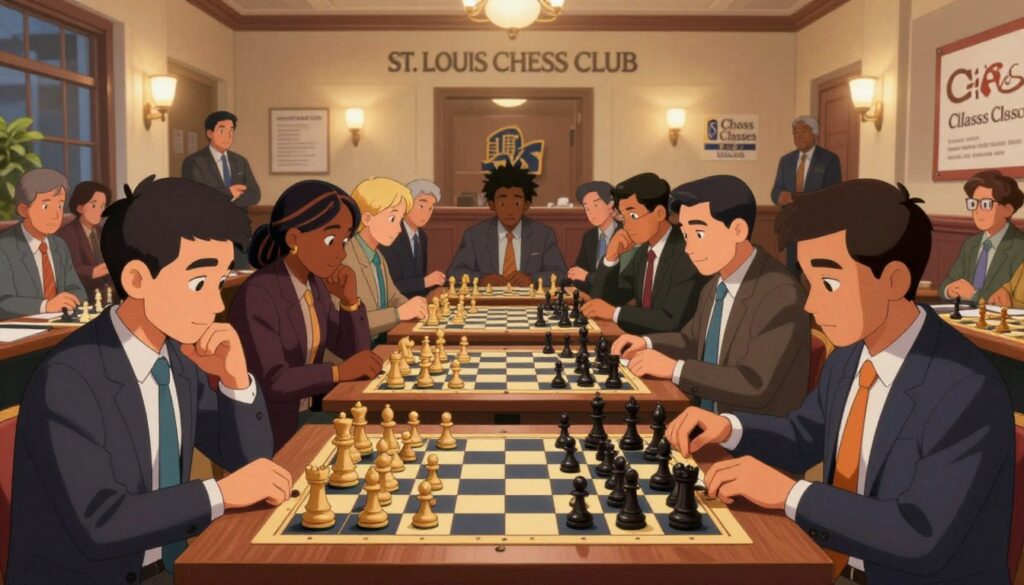 A vibrant St. Louis chess tournament scene captures the thrill of strategic competition. In the foreground, a diverse group of four players, dressed in professional business attire, are deeply focused on their chessboards, contemplating their next moves. In the middle ground, an enthusiastic audience of spectators watches with keen interest, some taking notes, highlighting the educational aspect of the event. The background features the iconic St. Louis Chess Club, elegantly illuminated by soft, warm lighting, enhancing the inviting atmosphere of camaraderie and intellect. The scene conveys a sense of excitement and engagement, reflecting St. Louis as the chess capital of the world. The logo of "Chess Classes USA" subtly integrated into the backdrop emphasizes the city's commitment to chess education and training.