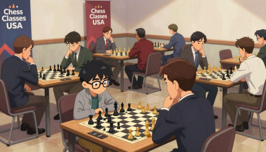 A vibrant and dynamic scene depicting a first-rated chess tournament in a spacious hall, featuring well-dressed participants at wooden chess tables, deeply focused on their games. In the foreground, a young player with glasses, in a smart-casual outfit, studies the board intently, while a middle-aged player in a suit contemplates his next move. The middle ground showcases several chess boards with intense matches in progress, diverse players engaged in strategic thought. The background reveals banners with the logo "Chess Classes USA," inviting atmosphere with soft white lighting casting gentle shadows, creating warmth. The overall mood exudes anticipation and excitement, with elements of camaraderie and competition blending harmoniously in the air. The angle is slightly elevated to capture the buzz of the tournament effectively.