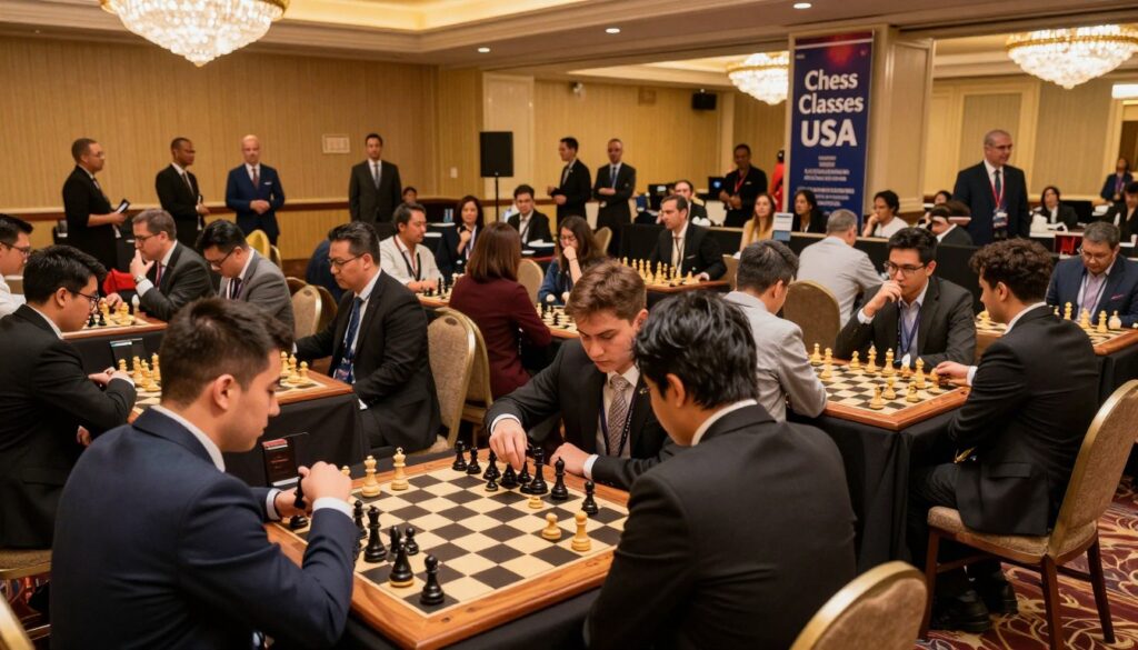 A vibrant and dynamic scene of a Las Vegas chess tournament held in a luxurious hotel ballroom. In the foreground, elegantly dressed players sit at beautifully crafted wooden chessboards, deep in concentration. Some players casually discuss strategies, showcasing a mix of intensity and camaraderie. The middle ground features a collection of spectators, a diverse audience captivated by the exciting matches, some taking notes and others engaged in friendly conversations. The background reveals lavish decorations, shimmering chandeliers, and large banners promoting "Chess Classes USA." The atmosphere is lively and energetic, bathed in warm, soft lighting that reflects the glamour of Las Vegas. Capture this moment from a slightly elevated angle to emphasize the scale and importance of the event, creating a sense of excitement and professionalism.