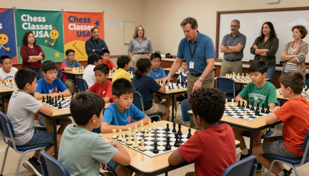 A vibrant and dynamic scene representing a scholastic chess program in action. In the foreground, a diverse group of school-aged children, focused and engaged, sit around wooden tables, intently studying chess boards and strategizing their next moves. They are wearing modest casual clothing, reflecting a mix of backgrounds. The middle ground features a chess instructor, guiding a small group with enthusiasm, showing them key chess tactics on a large demonstration board. In the background, colorful banners with "Chess Classes USA" are displayed, while an enthusiastic crowd of parents watches proudly. The lighting is bright and inviting, reminiscent of a community center atmosphere, with a slight overhead angle capturing the camaraderie and excitement in the air. The mood is uplifting and inspiring, showcasing the thriving scholastic chess ecosystem in Washington State.