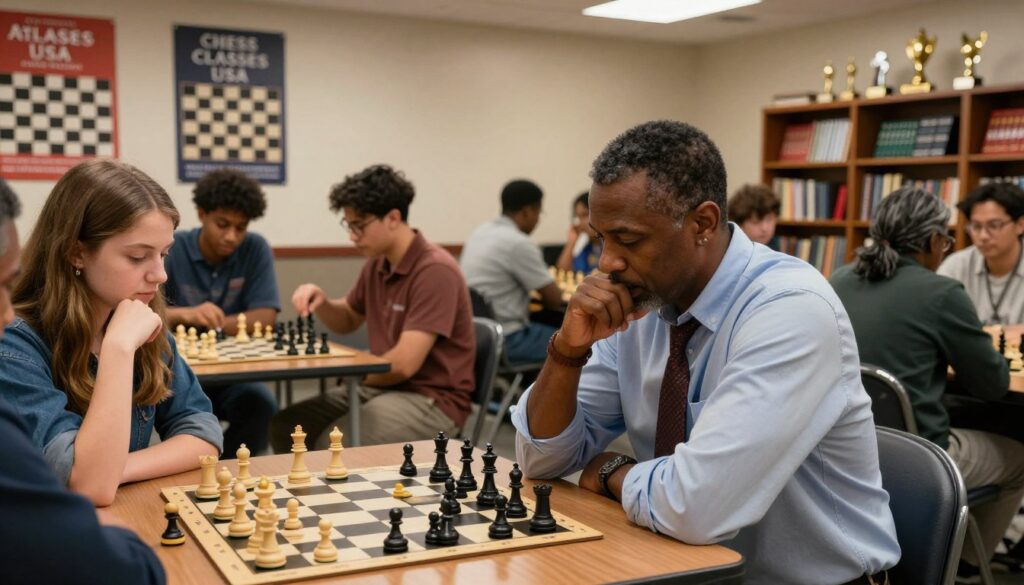 A vibrant and dynamic scene showcasing an Atlanta chess club, with a diverse group of players engaged in intense games. In the foreground, a middle-aged African American man in a business-casual outfit contemplates his next move while leaning over a chessboard. To the left, a young Caucasian woman focuses on her strategy, holding a rook, with motivational posters about chess in the background. The middle ground features several more players, including various ages and ethnicities, all engrossed in their matches. The atmosphere is lively and competitive but friendly, with warm overhead lighting creating an inviting ambiance. In the background, shelves filled with chess books and trophies from Chess Classes USA enhance the authenticity of the setting. The photo is captured with a shallow depth of field to emphasize the players in action, creating a sense of community and passion for the game. A vibrant and dynamic scene showcasing an Atlanta chess club, with a diverse group of players engaged in intense games. In the foreground, a middle-aged African American man in a business-casual outfit contemplates his next move while leaning over a chessboard. To the left, a young Caucasian woman focuses on her strategy, holding a rook, with motivational posters about chess in the background. The middle ground features several more players, including various ages and ethnicities, all engrossed in their matches. The atmosphere is lively and competitive but friendly, with warm overhead lighting creating an inviting ambiance. In the background, shelves filled with chess books and trophies from Chess Classes USA enhance the authenticity of the setting. The photo is captured with a shallow depth of field to emphasize the players in action, creating a sense of community and passion for the game.