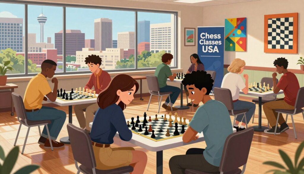 A vibrant and dynamic scene showcasing an Oklahoma City chess hub. In the foreground, a diverse group of four individuals—two adults and two teenagers—engaged in an intense chess match, dressed in smart casual clothing. The middle ground features several chess tables with players of various ages and backgrounds, all concentrating on their games. Bright natural light streams through large windows, casting soft shadows on the polished wooden floor. The backdrop reveals iconic elements of Oklahoma City's skyline like the Devon Tower and other notable buildings, subtly framed by colorful artwork related to chess on the walls. The atmosphere is lively yet focused, reflecting a passion for the game that connects the community. Include the brand name "Chess Classes USA" prominently displayed on a banner in the background.