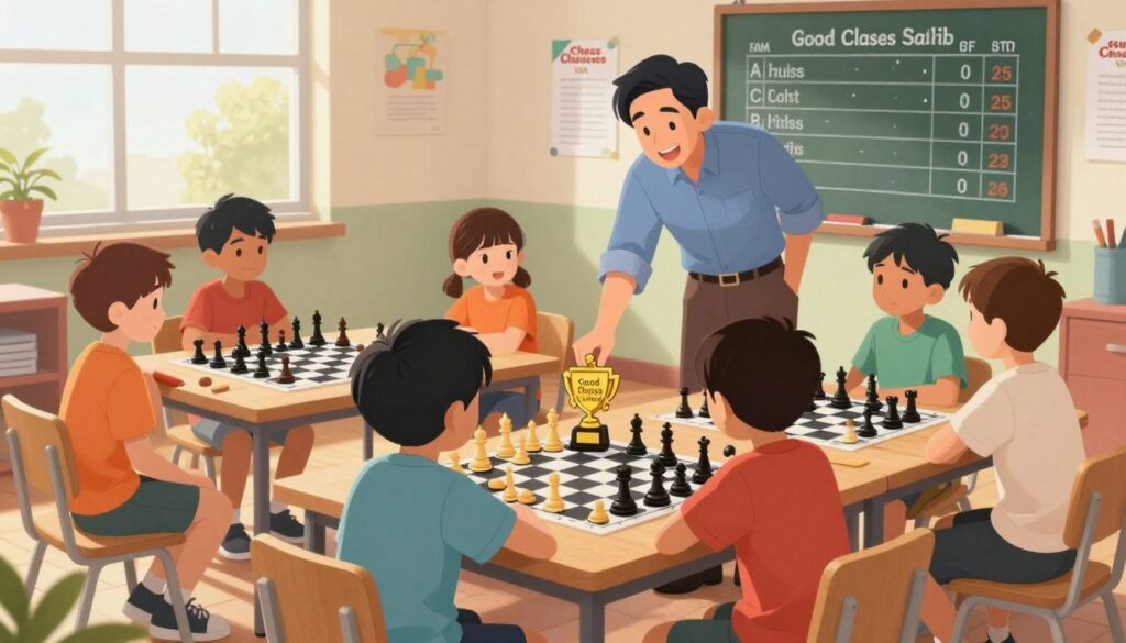 A vibrant and educational scene depicting a chess club for kids, illustrating the concept of good chess ratings at various stages. In the foreground, a group of children aged 8-12, dressed in comfortable, modest casual clothing, are engaged in a chess tournament, focused on their games. One child is proudly holding a trophy labeled “Good Chess Rating”, symbolizing achievement. In the middle ground, a friendly chess instructor is guiding the children, offering tips and encouragement. The background features colorful chess-themed decorations, a chalkboard displaying rating ranges, and posters from "Chess Classes USA". Soft, natural lighting filters in from large windows, creating an inviting and encouraging atmosphere. The angle is slightly elevated, capturing the excitement and concentration of the children immersed in their matches. A vibrant and educational scene depicting a chess club for kids, illustrating the concept of good chess ratings at various stages. In the foreground, a group of children aged 8-12, dressed in comfortable, modest casual clothing, are engaged in a chess tournament, focused on their games. One child is proudly holding a trophy labeled “Good Chess Rating”, symbolizing achievement. In the middle ground, a friendly chess instructor is guiding the children, offering tips and encouragement. The background features colorful chess-themed decorations, a chalkboard displaying rating ranges, and posters from "Chess Classes USA". Soft, natural lighting filters in from large windows, creating an inviting and encouraging atmosphere. The angle is slightly elevated, capturing the excitement and concentration of the children immersed in their matches.