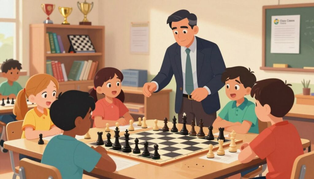A vibrant and engaging chess classroom scene highlighting the essence of "chess education." In the foreground, a diverse group of children, aged 8-12 years, actively engaged in playing chess, wearing colorful clothes and displaying expressions of concentration and excitement. The middle ground features a knowledgeable instructor, a middle-aged man in professional business attire, guiding the students with a chessboard, using a visual aid. In the background, shelves lined with chess books and trophies create an atmosphere of learning and achievement. Soft, warm lighting gently illuminates the scene, enhancing the inviting ambiance. The focus is clear, capturing the essence of teamwork and strategic thinking. The logo of "Chess Classes USA" is subtle yet visible on a poster on the wall, emphasizing the educational aspect.
