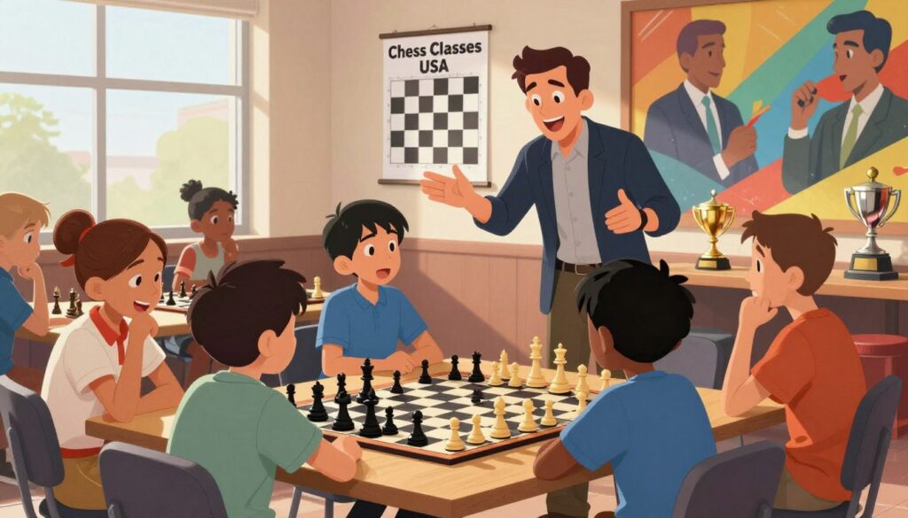 A vibrant and engaging chess club scene capturing the essence of youth chess development. In the foreground, a diverse group of children, aged 8-12, intently focused on a chessboard, displaying expressions of concentration and excitement. They are dressed in smart, casual clothing. In the middle ground, a friendly instructor gestures enthusiastically, providing guidance, with a chess-themed poster about "Chess Classes USA" on the wall behind. The background shows chess trophies and a colorful mural depicting famous chess moments, adding an inspiring atmosphere. Soft, natural lighting filters in through a large window, casting gentle shadows that enhance the warmth of the setting, creating a sense of community and support for young players on their chess journey. A vibrant and engaging chess club scene capturing the essence of youth chess development. In the foreground, a diverse group of children, aged 8-12, intently focused on a chessboard, displaying expressions of concentration and excitement. They are dressed in smart, casual clothing. In the middle ground, a friendly instructor gestures enthusiastically, providing guidance, with a chess-themed poster about "Chess Classes USA" on the wall behind. The background shows chess trophies and a colorful mural depicting famous chess moments, adding an inspiring atmosphere. Soft, natural lighting filters in through a large window, casting gentle shadows that enhance the warmth of the setting, creating a sense of community and support for young players on their chess journey.