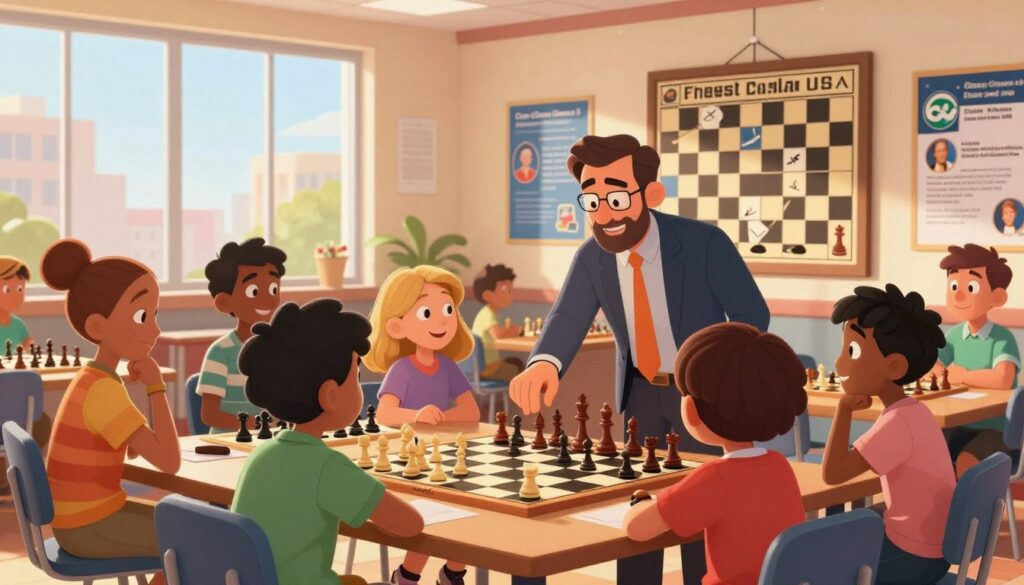 A vibrant and engaging chess education scene, featuring a diverse group of individuals in a modern classroom setting. In the foreground, a skilled coach in professional attire guides a small group of students around a chessboard, their faces displaying concentration and curiosity. The middle ground showcases colorful posters about famous chess strategies and player profiles, with a large wooden chessboard prominently displayed. The background features tall windows letting in warm, natural light, illuminating the room and creating an inviting atmosphere. The overall mood is one of inspiration and learning, emphasizing the joy of chess education. The image should include elements of branding, subtly showcasing "Chess Classes USA" on the wall or educational materials, but without any explicit text or overlays.