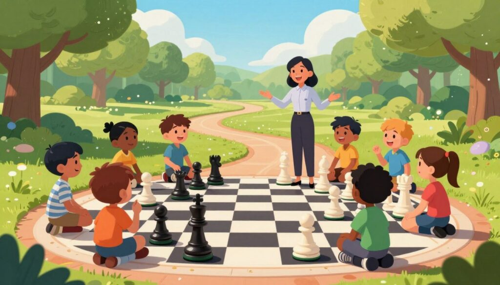 A vibrant and engaging chess pathway designed for children, featuring a playful chessboard pathway winding through a serene park. In the foreground, a diverse group of children, wearing modest casual clothes, are enthusiastically learning chess, surrounded by oversized chess pieces. In the middle ground, a cheerful chess instructor, dressed in professional attire, guides them, showcasing strategic moves. The background features lush green trees and soft clouds, with warm sunlight filtering through, creating a joyful and inviting atmosphere. A logo of "Chess Classes USA" subtly integrated into the scene enhances the connection to chess education. The lens angle captures the children's expressions of concentration and excitement, emphasizing the fun and educational journey of chess.