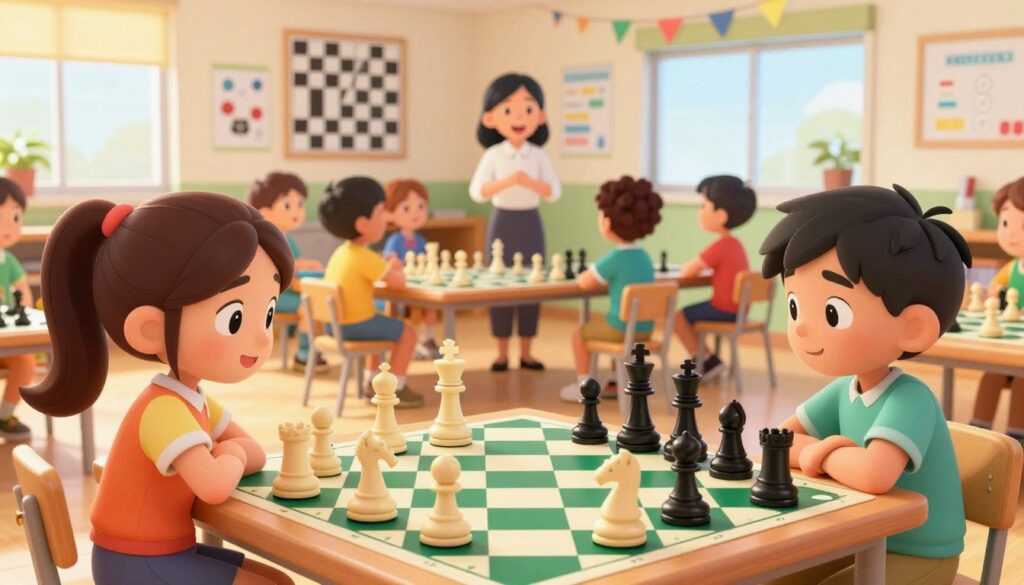 A vibrant and engaging chess scene for kids, featuring a colorful chessboard with large, child-friendly pieces. In the foreground, two children, a girl and a boy, concentrate on their game, dressed in bright, modest clothing. The children exhibit expressions of determination and joy as they strategize together. In the middle, a well-organized chess class is depicted, with a cheerful instructor guiding a small group of eager young players, highlighting teamwork and collaboration. The background showcases a bright, welcoming classroom with educational posters about chess strategies on the walls, and soft natural light streaming through large windows, creating a warm, inviting atmosphere. The scene embodies growth and learning, reflecting the dedication of Chess Classes USA in nurturing young talent.