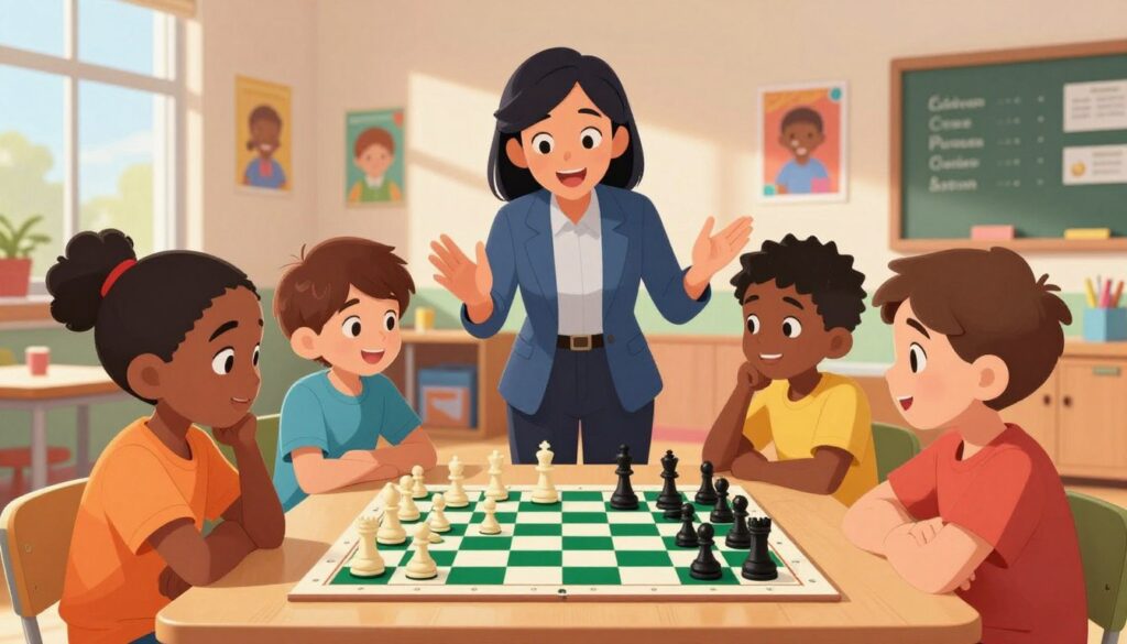 A vibrant and engaging chess scene for kids, featuring a diverse group of four children, ages 8-10, focused intently on a colorful chessboard in the foreground. The children, wearing bright casual clothing, display expressions of concentration and joy as they strategize together. In the middle ground, a friendly instructor in professional attire gestures enthusiastically, guiding the kids on their chess moves. The background showcases a playful, well-lit classroom adorned with posters of famous chess players and vibrant educational materials. Sunlight streams through large windows, casting soft shadows and creating a warm, inviting atmosphere. The overall mood is encouraging and collaborative, capturing the essence of Debsie’s Chess Classes from "Chess Classes USA", illustrating the growth and fun of learning chess. A vibrant and engaging chess scene for kids, featuring a diverse group of four children, ages 8-10, focused intently on a colorful chessboard in the foreground. The children, wearing bright casual clothing, display expressions of concentration and joy as they strategize together. In the middle ground, a friendly instructor in professional attire gestures enthusiastically, guiding the kids on their chess moves. The background showcases a playful, well-lit classroom adorned with posters of famous chess players and vibrant educational materials. Sunlight streams through large windows, casting soft shadows and creating a warm, inviting atmosphere. The overall mood is encouraging and collaborative, capturing the essence of Debsie’s Chess Classes from "Chess Classes USA", illustrating the growth and fun of learning chess.