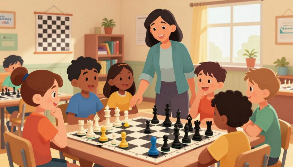 A vibrant and engaging chess scene for kids, showcasing a cozy indoor environment designed for learning. In the foreground, a diverse group of cheerful children aged 6-10 enthusiastically interact with colorful chess pieces on a large chessboard. They are dressed in modest casual clothing, showing a variety of playful expressions and poses as they learn to play. In the middle ground, a friendly instructor, also in casual attire, guides them with a smile. The background features a warmly lit classroom filled with chess posters, bookshelves, and windows allowing soft, natural light to stream in. The atmosphere is inviting and supportive, ideal for beginner chess players. Include the logo of "Chess Classes USA" subtly in the corner, emphasizing a fun and educational experience. A vibrant and engaging chess scene for kids, showcasing a cozy indoor environment designed for learning. In the foreground, a diverse group of cheerful children aged 6-10 enthusiastically interact with colorful chess pieces on a large chessboard. They are dressed in modest casual clothing, showing a variety of playful expressions and poses as they learn to play. In the middle ground, a friendly instructor, also in casual attire, guides them with a smile. The background features a warmly lit classroom filled with chess posters, bookshelves, and windows allowing soft, natural light to stream in. The atmosphere is inviting and supportive, ideal for beginner chess players. Include the logo of "Chess Classes USA" subtly in the corner, emphasizing a fun and educational experience.
