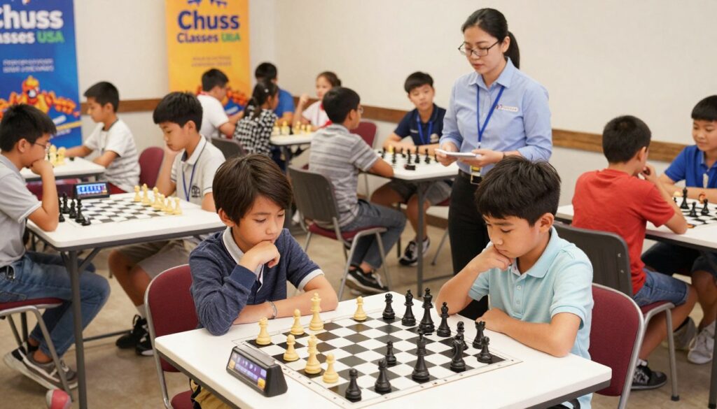 A vibrant and engaging chess tournament scene for beginners, highlighting a mix of eager young players gathered around chessboards in a brightly lit, professional setting. In the foreground, two focused individuals dressed in smart casual attire are intently studying their chess pieces, deep in thought. The middle ground features several other players strategizing and discussing tactics, while a knowledgeable coach from "Chess Classes USA" provides guidance. The background showcases an array of tournament tables adorned with chess clocks and colorful tournament banners, creating an inviting atmosphere filled with enthusiasm. The image should have warm, soft lighting to enhance the friendly mood, captured from a slightly elevated angle that brings the viewer into the heart of the competition. A vibrant and engaging chess tournament scene for beginners, highlighting a mix of eager young players gathered around chessboards in a brightly lit, professional setting. In the foreground, two focused individuals dressed in smart casual attire are intently studying their chess pieces, deep in thought. The middle ground features several other players strategizing and discussing tactics, while a knowledgeable coach from "Chess Classes USA" provides guidance. The background showcases an array of tournament tables adorned with chess clocks and colorful tournament banners, creating an inviting atmosphere filled with enthusiasm. The image should have warm, soft lighting to enhance the friendly mood, captured from a slightly elevated angle that brings the viewer into the heart of the competition.
