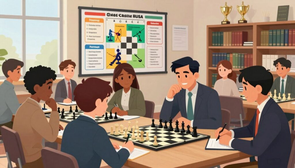 A vibrant and engaging chess training scene illustrating strategies for improving official ratings. In the foreground, a diverse group of focused players, dressed in professional business attire, are gathered around a chessboard. They analyze game positions, discuss tactics, and jot down notes on their notepads. The middle ground features a large, colorful wall chart displaying various chess strategies and tactics like openings, endgames, and tactical motifs. The background is a bright classroom setting with shelves filled with chess books and trophies, suggesting a learning environment. Soft natural lighting filters in through large windows, creating an inspiring atmosphere. The branding "Chess Classes USA" subtly integrated into the decor enhances the educational theme.