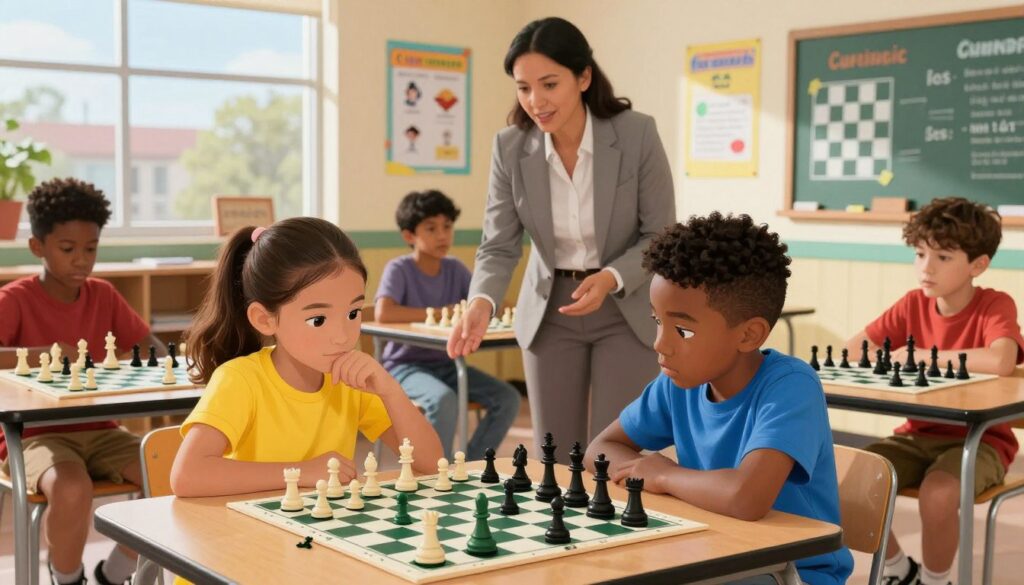A vibrant and engaging classroom scene depicting youth chess development in California, featuring diverse children ages 8-12, enthusiastically engaged in a chess lesson. The foreground shows a young girl in a bright yellow shirt making a thoughtful move on her chessboard, while a boy in a blue t-shirt observes, leaning forward with curiosity. In the middle ground, a dedicated teacher in professional attire guides another pair of students discussing strategies. The background reveals colorful educational posters about chess strategies on the walls and natural light streaming through large windows, creating a warm and inspiring atmosphere. The setting conveys a positive and collaborative mood, emphasizing chess as an integral part of the academic curriculum. Include the brand name "Chess Classes USA" subtly incorporated into the environment, enhancing the educational theme.