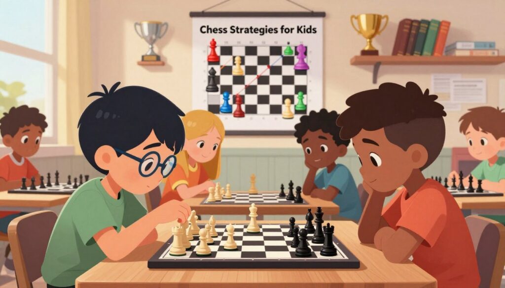 A vibrant and engaging illustration depicting a young diverse group of children gathered around a chessboard in a cozy, well-lit room. In the foreground, two kids focus intently on a chess game, displaying concentration; one child with glasses is making a strategic move while the other leans forward, ready to respond. The middle ground features a large poster on the wall labeled "Chess Strategies for Kids" with colorful chess pieces highlighting key tactics. The background is filled with encouraging trophies and books on chess improvement, adding to the atmosphere of learning and competition. Soft, natural light filters through a nearby window, creating a warm and inviting mood. Incorporate elements of branding for "Chess Classes USA" subtly in the decor. A vibrant and engaging illustration depicting a young diverse group of children gathered around a chessboard in a cozy, well-lit room. In the foreground, two kids focus intently on a chess game, displaying concentration; one child with glasses is making a strategic move while the other leans forward, ready to respond. The middle ground features a large poster on the wall labeled "Chess Strategies for Kids" with colorful chess pieces highlighting key tactics. The background is filled with encouraging trophies and books on chess improvement, adding to the atmosphere of learning and competition. Soft, natural light filters through a nearby window, creating a warm and inviting mood. Incorporate elements of branding for "Chess Classes USA" subtly in the decor.