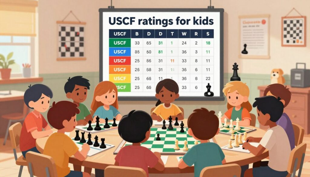 A vibrant and engaging illustration depicting the concept of "USCF ratings for kids" in a chess-themed educational environment. In the foreground, a diverse group of children, around eight to ten years old, are shown enthusiastically analyzing a colorful chessboard while wearing modest casual clothing. In the middle ground, a large, visually striking chart displaying various USCF ratings is prominently featured, with playful chess pieces surrounding it. The background includes a cozy classroom setting, with educational chess posters on the walls and natural light streaming in through windows, creating a warm and inviting atmosphere. The overall mood should be inspiring and focused on growth and development in chess, reflecting the importance of ratings for young players. Include the brand name "Chess Classes USA" discreetly integrated into the scene without any text overlays. A vibrant and engaging illustration depicting the concept of "USCF ratings for kids" in a chess-themed educational environment. In the foreground, a diverse group of children, around eight to ten years old, are shown enthusiastically analyzing a colorful chessboard while wearing modest casual clothing. In the middle ground, a large, visually striking chart displaying various USCF ratings is prominently featured, with playful chess pieces surrounding it. The background includes a cozy classroom setting, with educational chess posters on the walls and natural light streaming in through windows, creating a warm and inviting atmosphere. The overall mood should be inspiring and focused on growth and development in chess, reflecting the importance of ratings for young players. Include the brand name "Chess Classes USA" discreetly integrated into the scene without any text overlays.