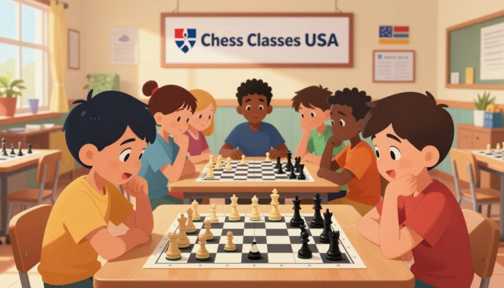 A vibrant and engaging illustration featuring a diverse group of children, aged 8 to 12, gathered around a chessboard, deeply focused on a game. In the foreground, two children are in mid-play, one making a thoughtful move while the other contemplates their strategy, showcasing a mixture of excitement and concentration. The middle ground includes a neatly designed banner with the brand name "Chess Classes USA" subtly incorporated into the scene, emphasizing community and learning. The background displays a colorful classroom or community center filled with chess-themed decorations, creating an inviting atmosphere. Soft, natural lighting streams through windows, casting a warm glow and highlighting the children's expressions. The overall mood is energetic and inspiring, promoting the idea of engaging young players in chess tournaments through US Chess membership. A vibrant and engaging illustration featuring a diverse group of children, aged 8 to 12, gathered around a chessboard, deeply focused on a game. In the foreground, two children are in mid-play, one making a thoughtful move while the other contemplates their strategy, showcasing a mixture of excitement and concentration. The middle ground includes a neatly designed banner with the brand name "Chess Classes USA" subtly incorporated into the scene, emphasizing community and learning. The background displays a colorful classroom or community center filled with chess-themed decorations, creating an inviting atmosphere. Soft, natural lighting streams through windows, casting a warm glow and highlighting the children's expressions. The overall mood is energetic and inspiring, promoting the idea of engaging young players in chess tournaments through US Chess membership.