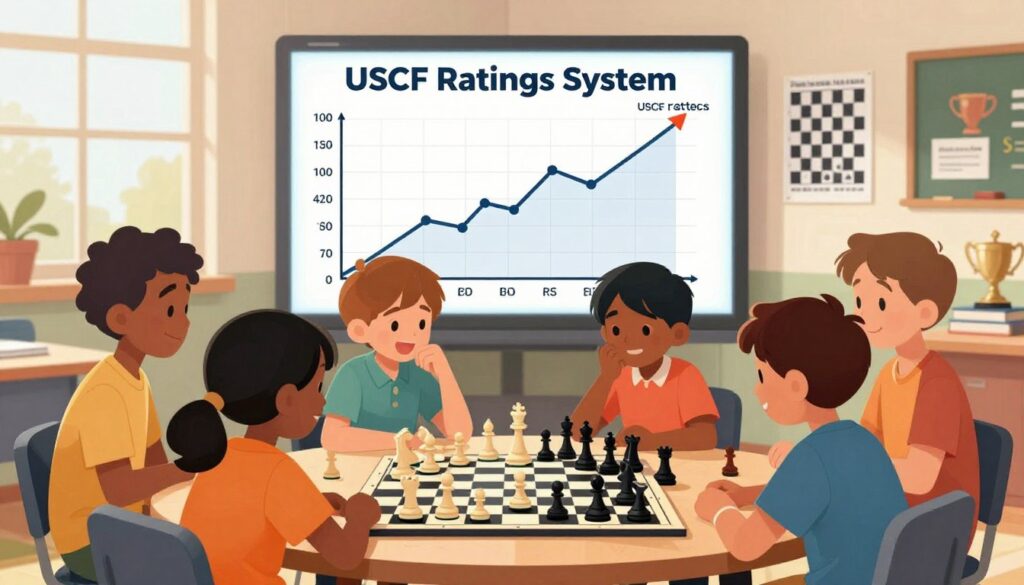 A vibrant and engaging illustration showcasing a colorful and educational scene depicting the USCF ratings system for kids in scholastic chess tournaments. In the foreground, a diverse group of children, aged 8 to 12, wearing modest casual clothing, excitedly discuss a chess board filled with pieces in action, highlighting their strategic gameplay. In the middle ground, a large, visually appealing chart displays fluctuating USCF ratings with arrows indicating improvements and impacts from tournament results. The background features a bright classroom environment adorned with chess-themed posters and trophies, creating a warm and inspiring atmosphere. Soft, natural lighting floods the scene from large windows, adding to the uplifting mood. Include the logo for "Chess Classes USA" subtly integrated into the setting to emphasize a connection to chess education.