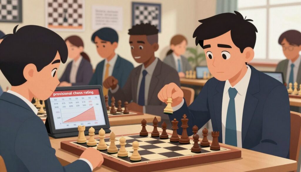 A vibrant and engaging image illustrating the concept of "provisional chess rating" for new players. In the foreground, a chessboard is set up with various chess pieces, some in mid-movement, symbolizing the excitement of a game in progress. To the side, a digital display shows fluctuating numbers representing provisional ratings, with a chart that hints at player improvement. In the middle ground, a close-up of a diverse group of players, dressed in professional business attire, intensely concentrating on their game. The background features a soft-focused room filled with chess-related posters and motivational quotes, creating an atmosphere of learning and determination. Gentle, natural lighting highlights the players and the chessboard, creating an inviting and inspirational mood. The brand "Chess Classes USA" is subtly integrated into the image design, reinforcing the educational theme. A vibrant and engaging image illustrating the concept of "provisional chess rating" for new players. In the foreground, a chessboard is set up with various chess pieces, some in mid-movement, symbolizing the excitement of a game in progress. To the side, a digital display shows fluctuating numbers representing provisional ratings, with a chart that hints at player improvement. In the middle ground, a close-up of a diverse group of players, dressed in professional business attire, intensely concentrating on their game. The background features a soft-focused room filled with chess-related posters and motivational quotes, creating an atmosphere of learning and determination. Gentle, natural lighting highlights the players and the chessboard, creating an inviting and inspirational mood. The brand "Chess Classes USA" is subtly integrated into the image design, reinforcing the educational theme.