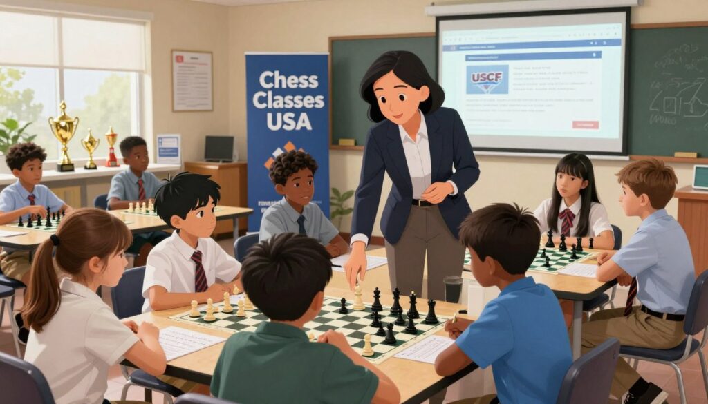 A vibrant and engaging scene depicting USCF membership and youth chess development. In the foreground, a diverse group of children, aged 8-12, is actively engaged in a chess lesson at a community center. They are dressed in professional business attire, focused on their chess boards and notation sheets, with a friendly instructor guiding them. In the middle ground, a banner featuring "Chess Classes USA" is prominently displayed, along with a projector showcasing online resources like the USCF website. The background shows a bright, well-lit room filled with chess trophies and educational materials. Soft, warm lighting enhances the friendly atmosphere, inviting viewers into the world of youth chess. The camera angle captures the excitement and learning in a dynamic composition. A vibrant and engaging scene depicting USCF membership and youth chess development. In the foreground, a diverse group of children, aged 8-12, is actively engaged in a chess lesson at a community center. They are dressed in professional business attire, focused on their chess boards and notation sheets, with a friendly instructor guiding them. In the middle ground, a banner featuring "Chess Classes USA" is prominently displayed, along with a projector showcasing online resources like the USCF website. The background shows a bright, well-lit room filled with chess trophies and educational materials. Soft, warm lighting enhances the friendly atmosphere, inviting viewers into the world of youth chess. The camera angle captures the excitement and learning in a dynamic composition.