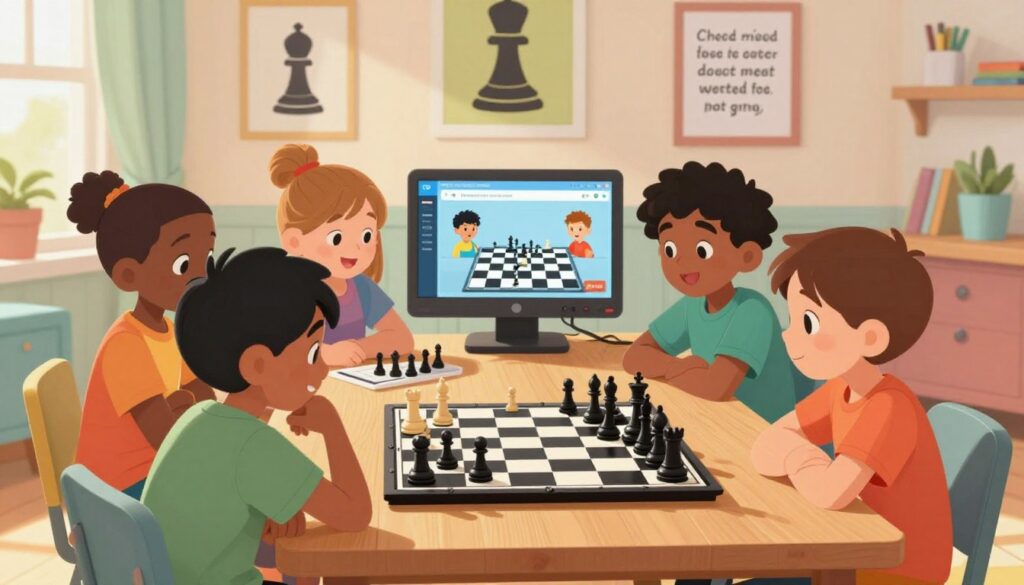A vibrant and engaging scene depicting a cozy, colorful room where children are playing chess together. In the foreground, a diverse group of kids, ages 6 to 10, are focused on a chessboard, their expressions filled with concentration and excitement. They are dressed in casual, playful clothing suitable for a friendly game. The middle ground features a computer or tablet displaying an online chess platform, showcasing their engagement with digital tools for skill development. The background consists of cheerful decorations, like posters of chess pieces and motivational quotes related to learning. Soft, natural light floods the room, creating a warm and inviting atmosphere. The overall mood is one of enthusiasm and teamwork, symbolizing how "Chess Classes USA" makes learning chess fun and interactive for children.