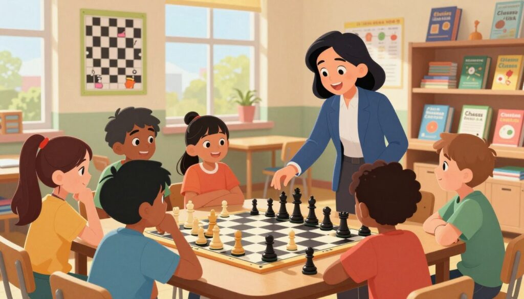 A vibrant and engaging scene depicting a diverse group of children, aged 6 to 10, gathered around a large chessboard in a sunny classroom environment. In the foreground, a smiling instructor, dressed in smart casual attire, demonstrates the basics of chess to eager young learners. The children, both boys and girls, display concentrated expressions as they watch and listen attentively. In the middle ground, chess pieces in various colors are scattered across the board, highlighting a playful yet educational atmosphere. Bright educational posters about chess strategies adorn the walls, while a large window allows warm, natural light to fill the room. The background features shelves filled with books and colorful educational materials from "Chess Classes USA," enhancing the inviting and stimulating ambiance. The mood is supportive and encouraging, perfect for a child's first introduction to chess.