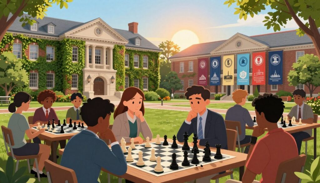 A vibrant and engaging scene depicting a picturesque university campus with a classic architectural style, featuring ivy-covered buildings and students engaged in chess-related activities. In the foreground, a diverse group of students in professional business attire or modest casual clothing gathers around a large outdoor chessboard, deep in thought over a game. The middle ground showcases banners representing various top universities known for offering chess scholarships, with iconic landmarks and greenery adding charm. In the background, the setting sun casts a warm glow, enhancing the atmosphere of academic pursuit and camaraderie. The image exudes a sense of hope and opportunity, symbolizing the connection between chess and higher education. Include a subtle logo for "Chess Classes USA" as part of the environment. A vibrant and engaging scene depicting a picturesque university campus with a classic architectural style, featuring ivy-covered buildings and students engaged in chess-related activities. In the foreground, a diverse group of students in professional business attire or modest casual clothing gathers around a large outdoor chessboard, deep in thought over a game. The middle ground showcases banners representing various top universities known for offering chess scholarships, with iconic landmarks and greenery adding charm. In the background, the setting sun casts a warm glow, enhancing the atmosphere of academic pursuit and camaraderie. The image exudes a sense of hope and opportunity, symbolizing the connection between chess and higher education. Include a subtle logo for "Chess Classes USA" as part of the environment.