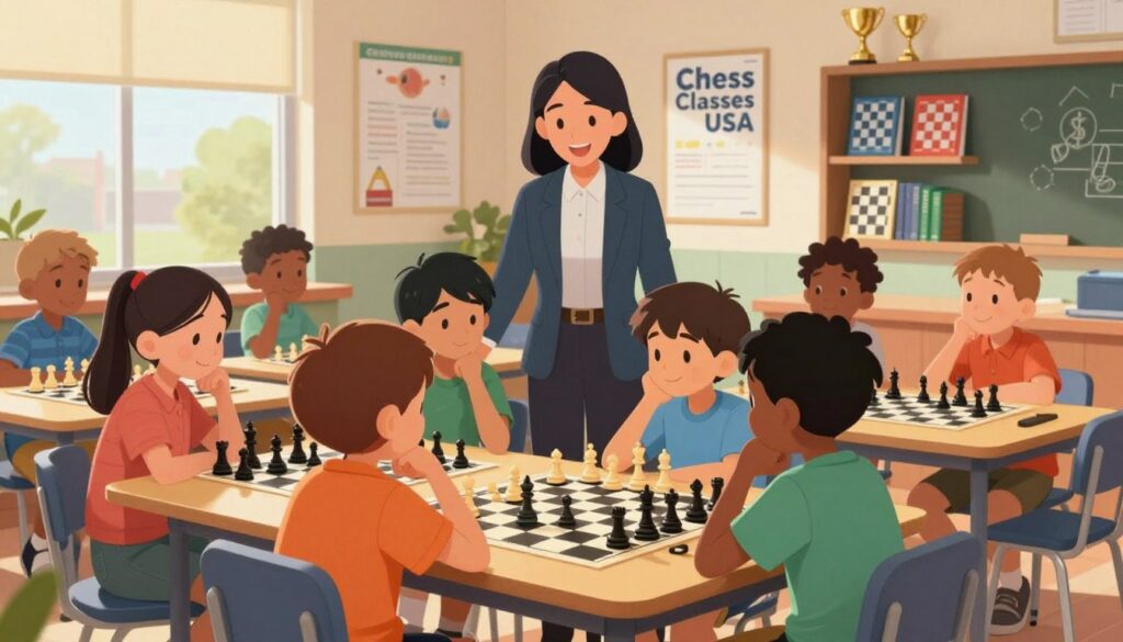 A vibrant and engaging scene depicting a scholastic chess program for youth. In the foreground, a diverse group of children aged 8-12, focused and smiling, are gathered around tables with chess boards, deep in thought as they strategize their next moves. Middle ground features a teacher, dressed in professional attire, guiding two students, fostering collaboration and excitement. The background shows a bright classroom filled with educational posters and shelves stocked with chess books and trophies, symbolizing achievement and learning. Soft, natural lighting floods the room through large windows, creating an inspiring atmosphere filled with anticipation and camaraderie. The logo "Chess Classes USA" is subtly integrated into the decor, emphasizing the program's branding without dominating the image.