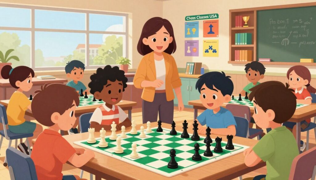 A vibrant and engaging scene depicting a warm, inviting chess classroom designed for children. In the foreground, a group of diverse kids, aged 8-12, are enthusiastically playing chess on colorful, oversized chess boards, displaying expressions of joy and concentration. The middle ground features a friendly instructor guiding them, dressed in modest casual clothing, fostering a supportive atmosphere. Brightly colored educational posters about chess strategies adorn the walls, enhancing the learning environment. The background shows shelves filled with chess books and trophies from competitions, symbolizing achievement. Soft, natural lighting pours in through large windows, creating an uplifting, motivational mood. The image should include the logo of "Chess Classes USA" subtly integrated into the scene to emphasize the connection with organized chess education. A vibrant and engaging scene depicting a warm, inviting chess classroom designed for children. In the foreground, a group of diverse kids, aged 8-12, are enthusiastically playing chess on colorful, oversized chess boards, displaying expressions of joy and concentration. The middle ground features a friendly instructor guiding them, dressed in modest casual clothing, fostering a supportive atmosphere. Brightly colored educational posters about chess strategies adorn the walls, enhancing the learning environment. The background shows shelves filled with chess books and trophies from competitions, symbolizing achievement. Soft, natural lighting pours in through large windows, creating an uplifting, motivational mood. The image should include the logo of "Chess Classes USA" subtly integrated into the scene to emphasize the connection with organized chess education.
