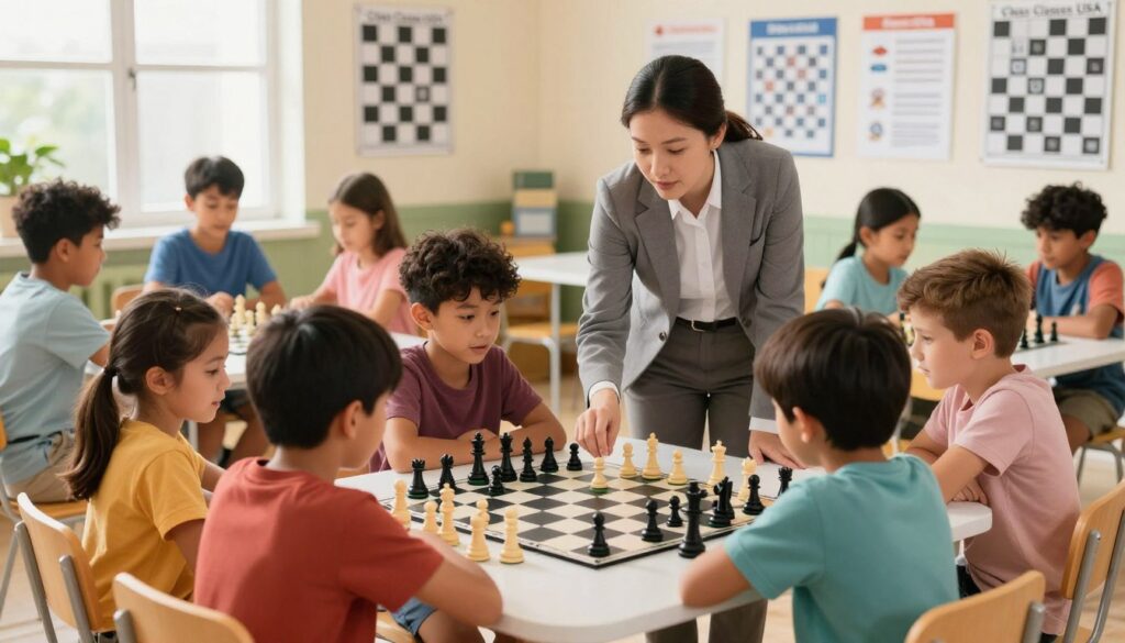 A vibrant and engaging scene depicting a youth chess development environment, featuring children ages 8-12, dressed in modest casual clothing, intently playing chess at a well-lit community center. In the foreground, a diverse group of kids is gathered around a chess table, their expressions focused and enthusiastic. In the middle ground, a chess coach, wearing professional business attire, is guiding a child on strategy, using a large chessboard with colorful pieces. The background showcases a bright, sunny room filled with chess posters and educational materials, symbolizing learning and growth. The lighting is soft and warm, creating an inviting atmosphere, with a slight depth of field effect emphasizing the kids and their chess game. The branding "Chess Classes USA" is subtly integrated into the setting, enhancing the educational theme without being overt.
